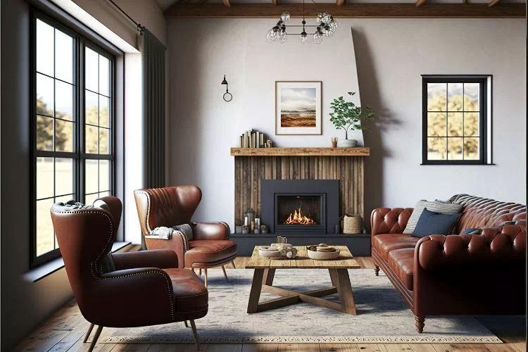 Canapé chocolat dans un joli salon avec un décor en bois