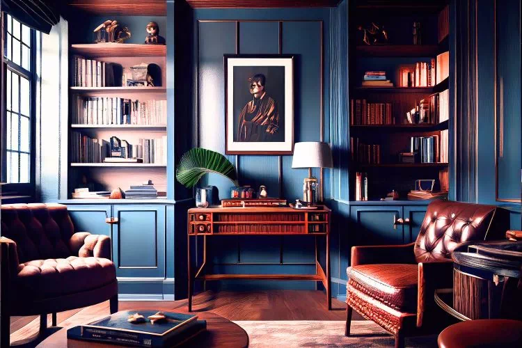 Canapé couleur chocolat dans un salon bleu de style ancien