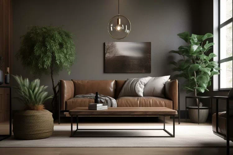 Canapé chocolat dans un salon marron avec des grandes plantes