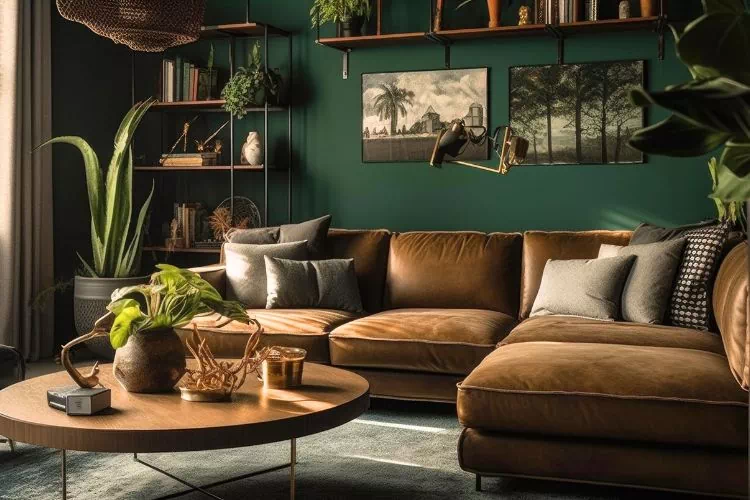 Canapé chocolat dans un salon vert richement décoré
