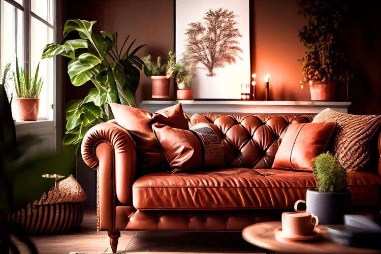 Canapé chocolat dans un salon marron avec de grandes plantes vertes