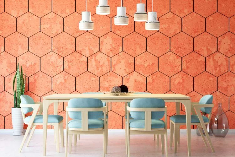 Papier peint à motifs imitation carrelage dans une salle-à-manger