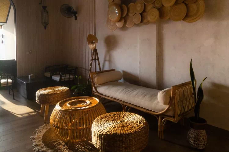 Banquette deux places avec 3 sièges en osier