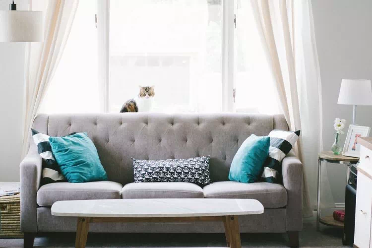 Canapé trois places gris clair devant une fenêtre