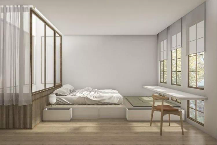 Chambre au décor minimaliste dans le style japonais traditionnel