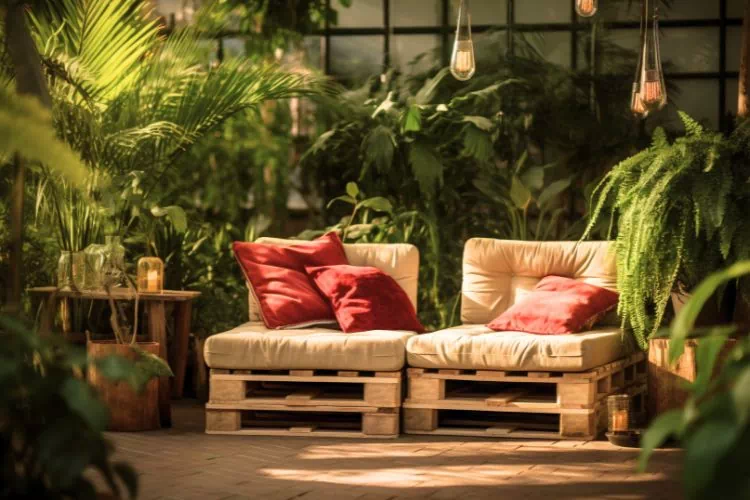 Terrasse avec deux fauteuils entourés de plantes
