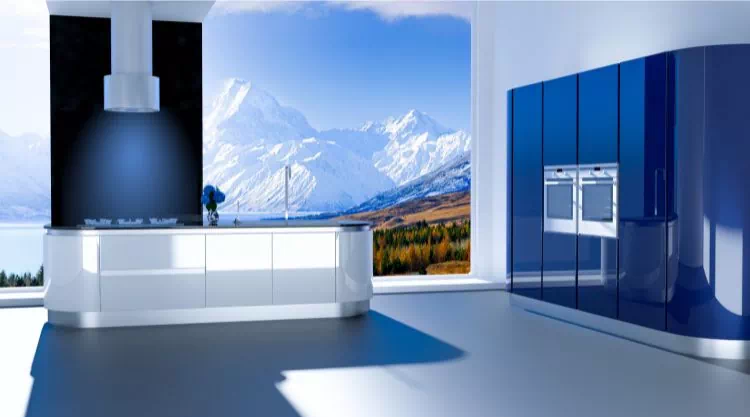 Cuisine futuriste avec des colonnes et des meubles bas