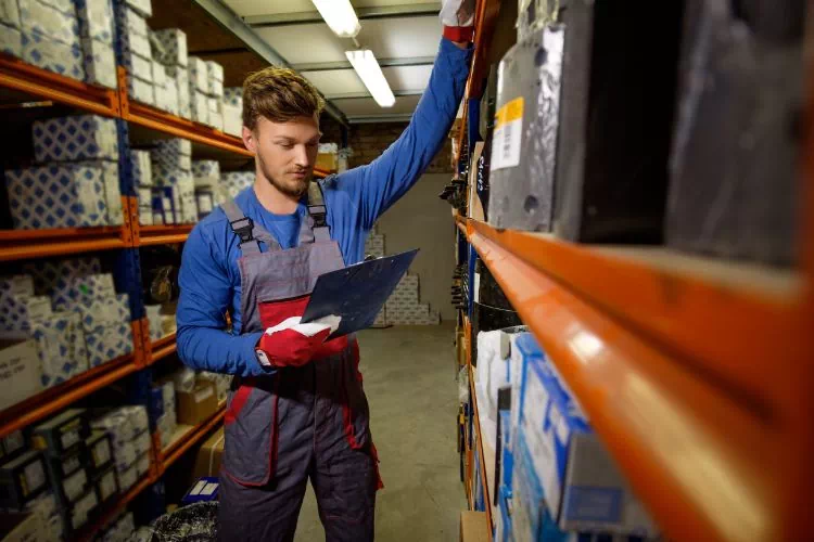 Homme dans un entrepôt en train de chercher une référence de pièce détachée