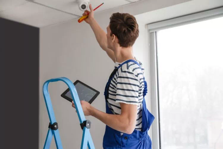 Homme en train d'installer une caméra d'un système de télésurveillance
