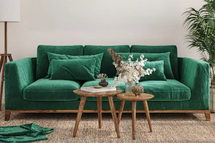 Canapé vert foncé devant deux petites tables basses