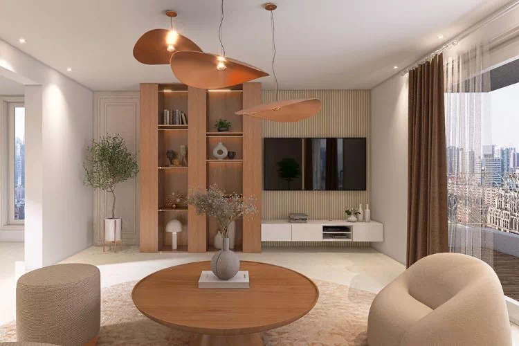 Salon moderne avec des meubles en bois et dans les ton beiges