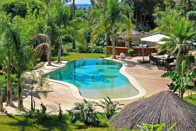 Piscine dans un jardin avec des palmiers