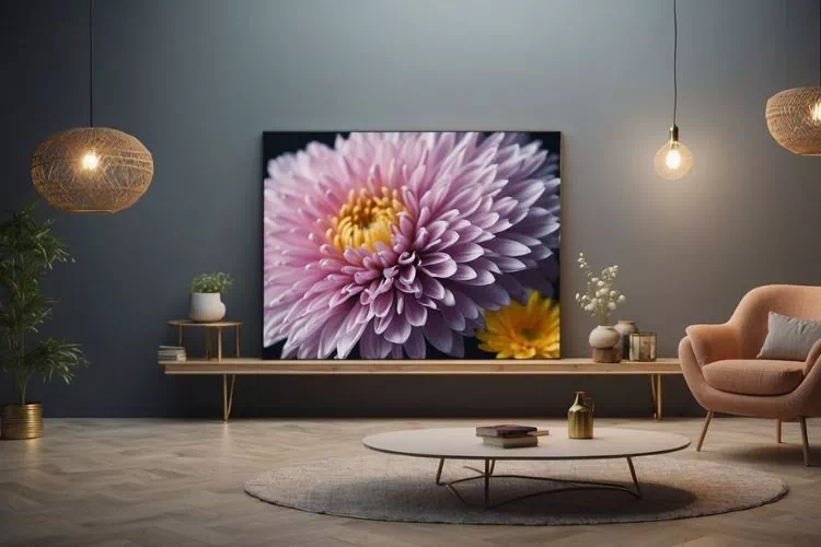 Salon gris avec un tableau d'une fleur rose