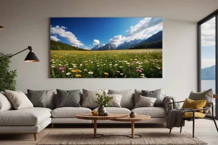 Tableau d'une prairie avec des montagnes en arrière-plan dans un salon