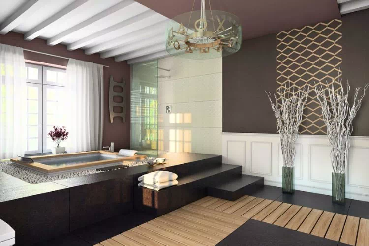 Salle de bois avec du carrelage au sol et un chemin avec du parquet en bois