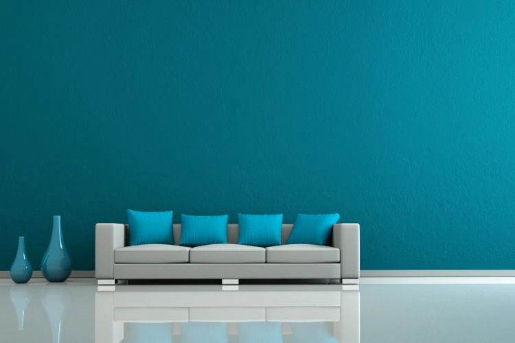 Décoration salon avec un mur et coussins en bleu canard