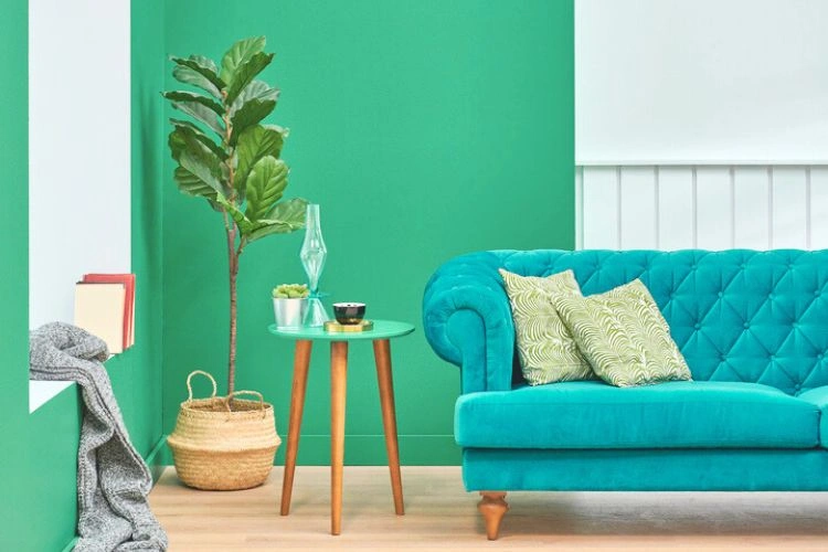 Décoration intérieure avec un mur peint en vert canard et un canapé en bleu canard