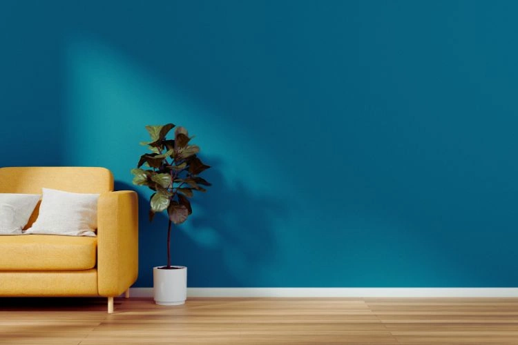 Canapé jaune moutarde et un mur en bleu canard pour une décoration branché