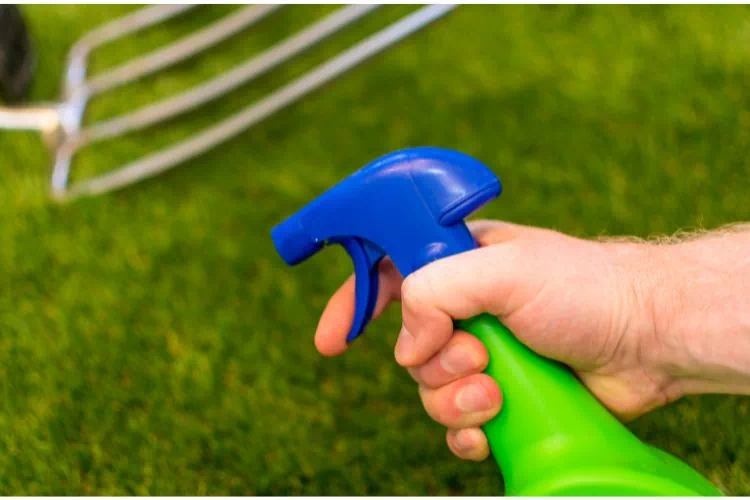 Homme tenant un spray rempli d'un produit désherbant