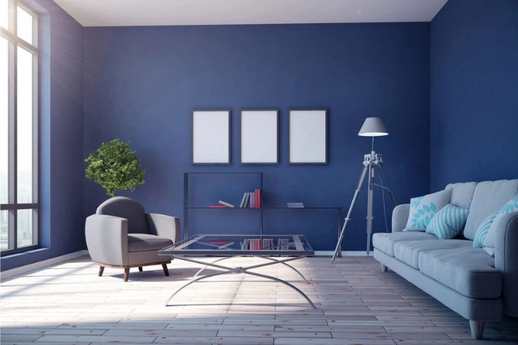 Salon avec mur en bleu pétrole