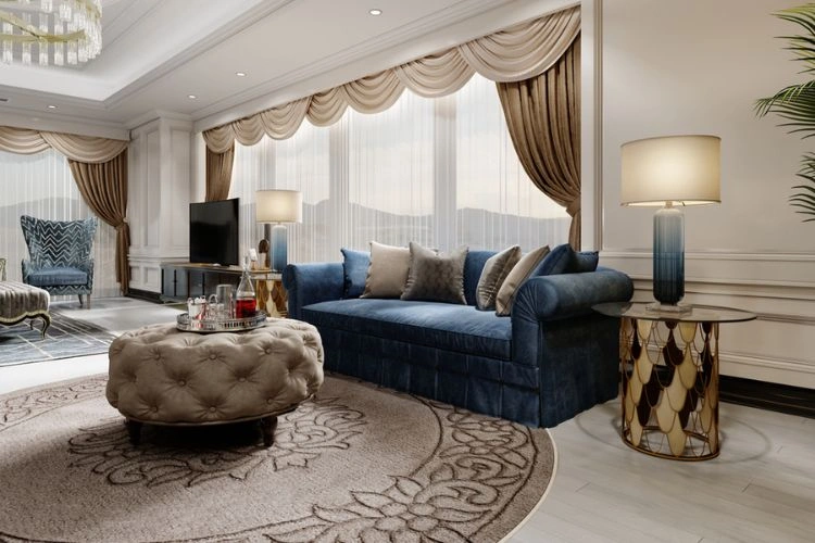 Couleurs bleu associé au beige dans un salon très luxueux
