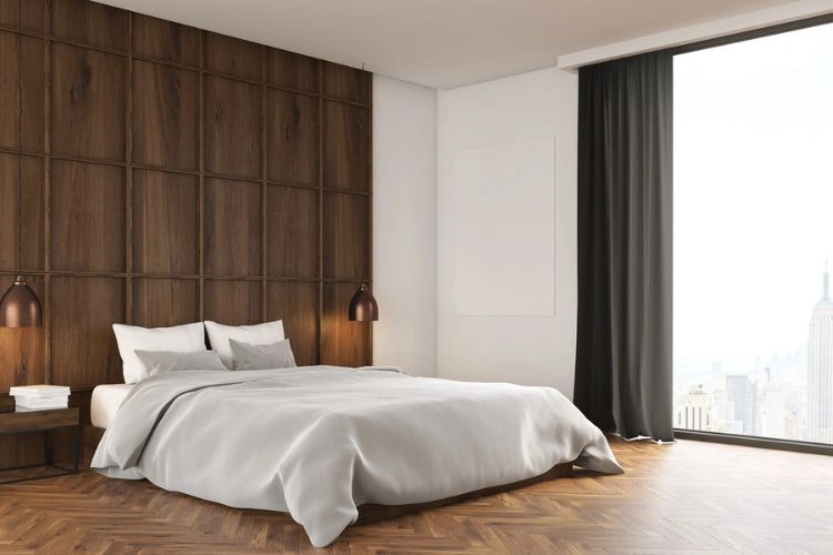 Chambre cosy avec un parquet marron foncé