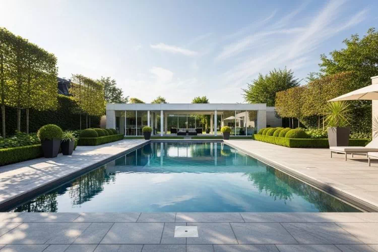 Grande piscine avec un pool house