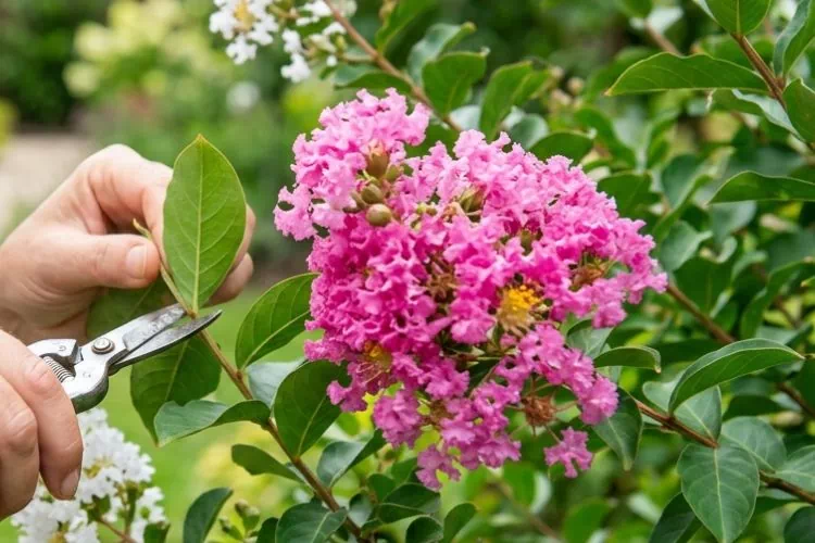 Personne en train de couper des feuilles de lilas des indes
