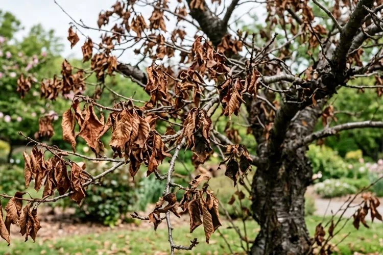 Cerisier du Japon qui a des feuilles brunes
