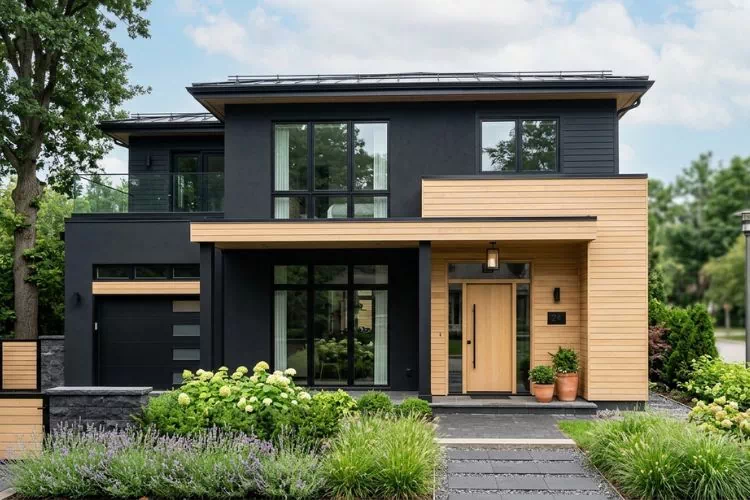 Façade d'une maison paint en noir et le bois clair