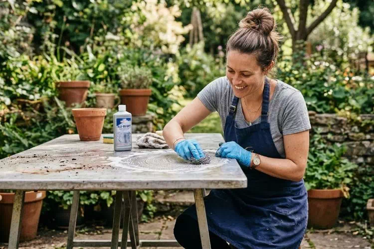 Femme en train de nettoyer une table en aluminium