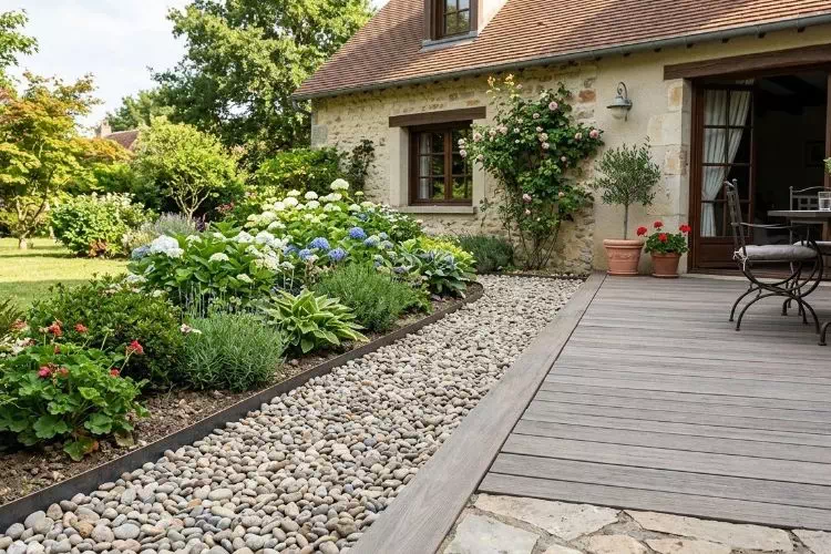 Bande de gravier sur bordure de terrasse de maison