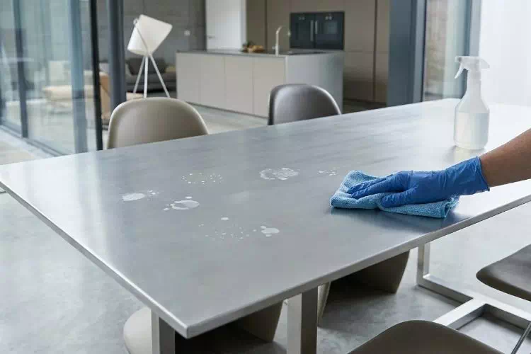 Personne en train d'enlever des taches blanches sur une table en aluminium